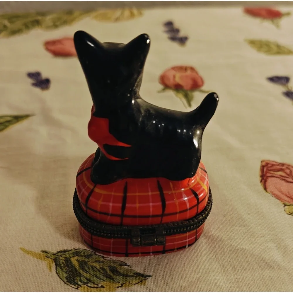 Vintage Black Scottie Dog Sitting on Red Tartan Trinket Box